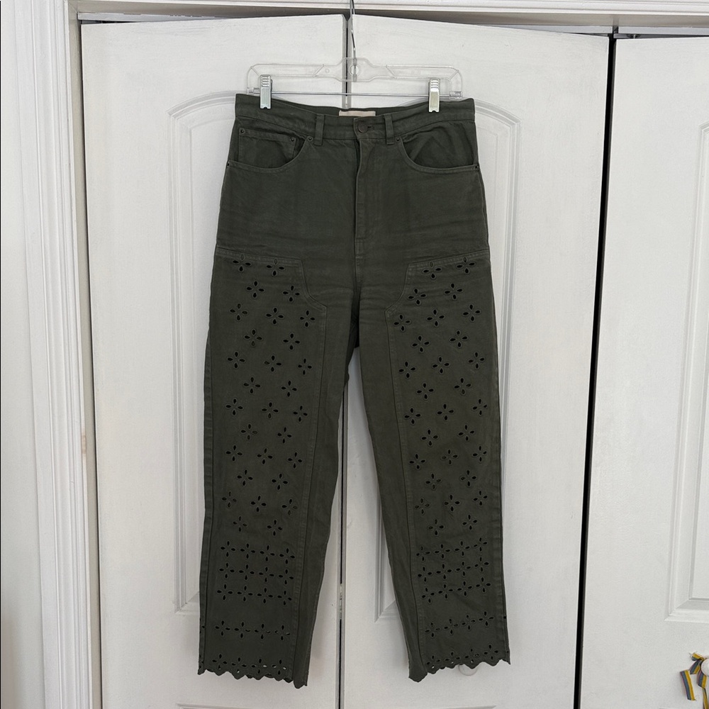 Loeffler Randall Dark Green Cropped Jeans with Eyelet Design